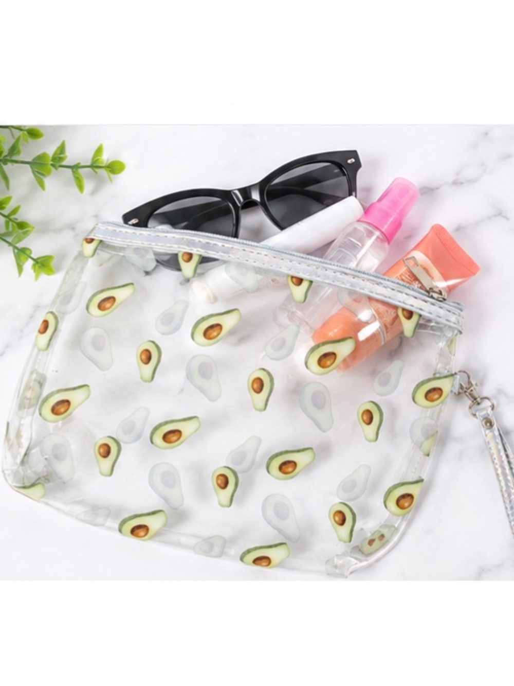 NEW - Clear Avocado Print Wristlet / Cosmetic Makeup Bag Case w Hologram Piping